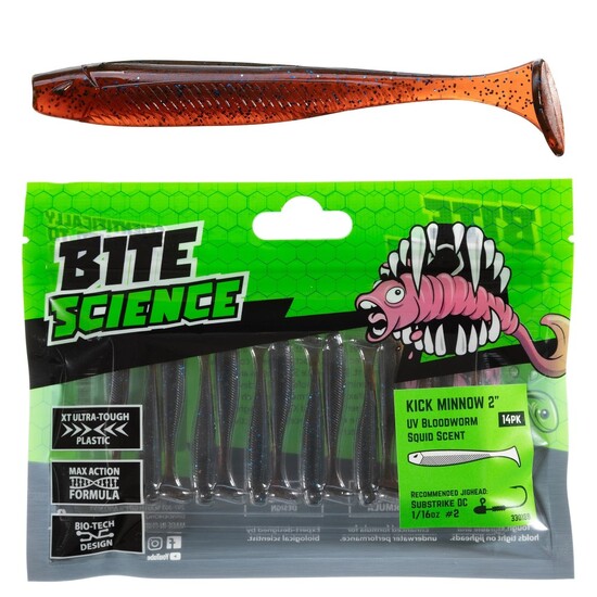 14 Pack of 2 Inch Bite Science Kick Minnow Soft Plastic Lures - UV Bloodworm