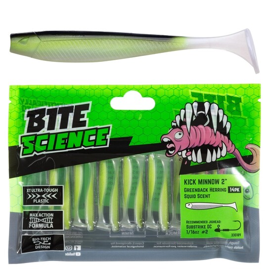 14 Pack of 2 Inch Bite Science Kick Minnow Soft Plastic Lures -Greenback Herring