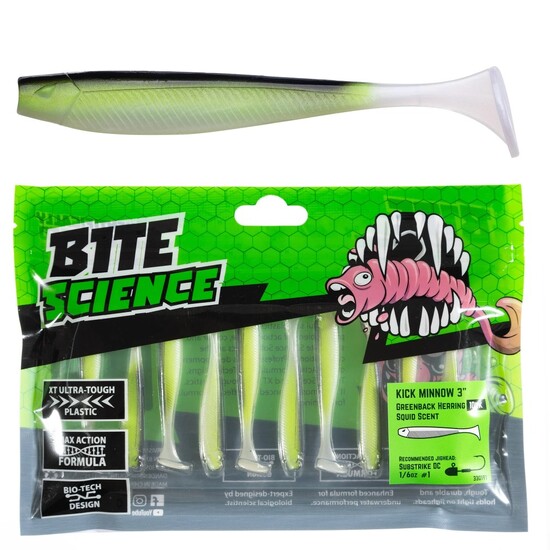 10 Pack of 3 Inch Bite Science Kick Minnow Soft Plastic Lures - Greenback Herring