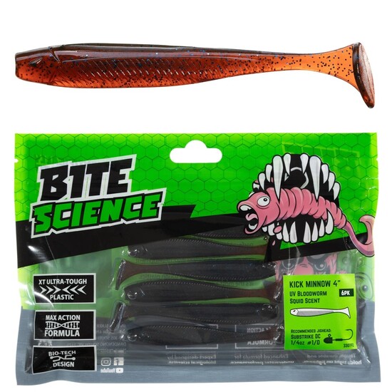6 Pack of 4 Inch Bite Science Kick Minnow Soft Plastic Lures - UV Bloodworm
