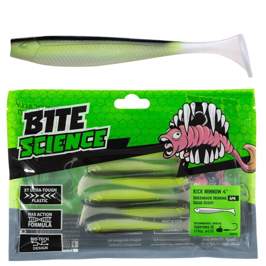 6 Pack of 4 Inch Bite Science Kick Minnow Soft Plastic Lures - Greenback Herring