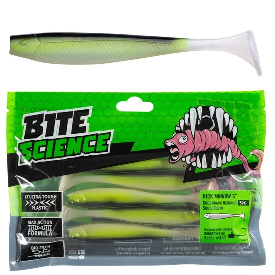 5 Pack of 5 Inch Bite Science Kick Minnow Soft Plastic Lures - Greenback Herring