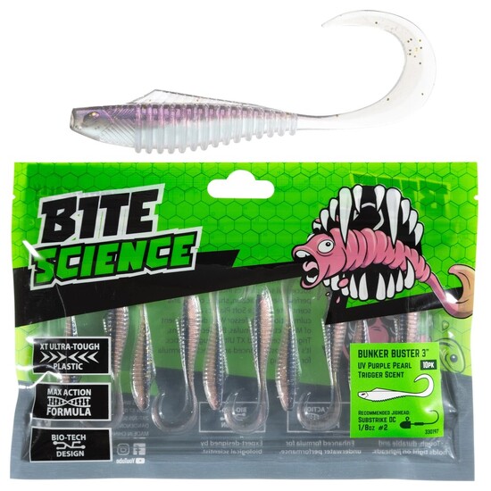 10 Pack of 3 Inch Bite Science Bunker Buster Soft Plastic Lures -UV Purple Pearl