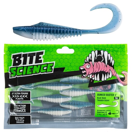7 Pack of 4 Inch Bite Science Bunker Buster Soft Plastic Lures - Blue Shad