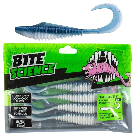 5 Pack of 6 Inch Bite Science Bunker Buster Soft Plastic Lures - Blue Shad