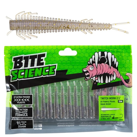 15 Pack of 2.5 Inch Bite Science Twitch Worm  Soft Plastic Lures-UV Purple Pearl