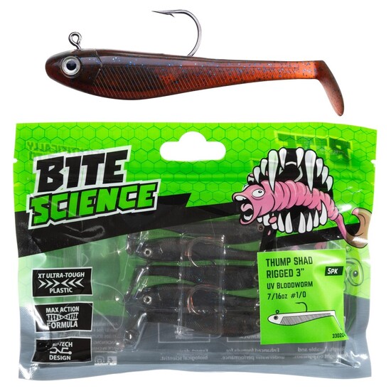 5 Pack of 3 Inch Bite Science Thump Shad Rigged Soft Plastics - UV Bloodworm