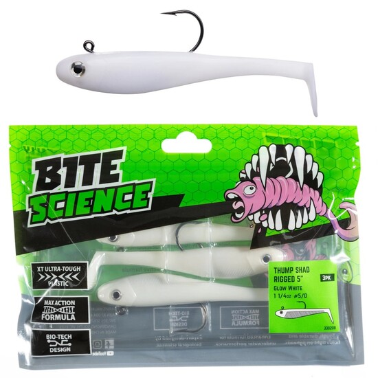 3 Pack of 5 Inch Bite Science Thump Shad Rigged Soft Plastics - Glow White
