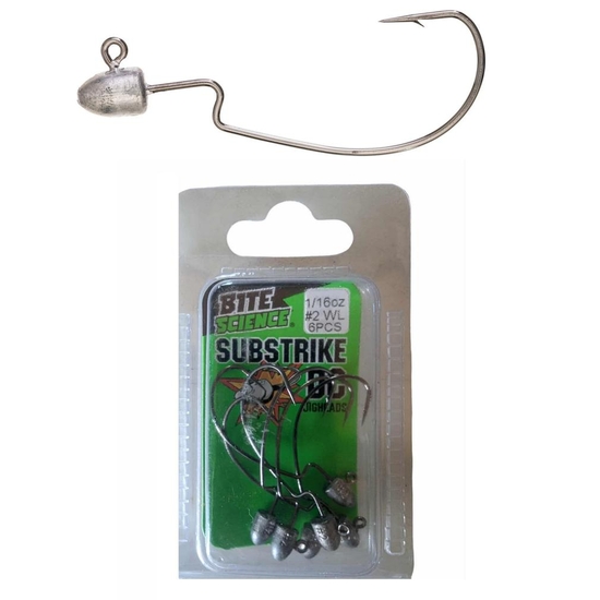 6 Pack of 1/16oz Size 2 Bite Science Substrike DC Weedless Jigheads