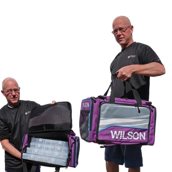 Wilson Large Purple Fishing Tackle Bag with 4 Tackle Boxes & Multiple Pockets