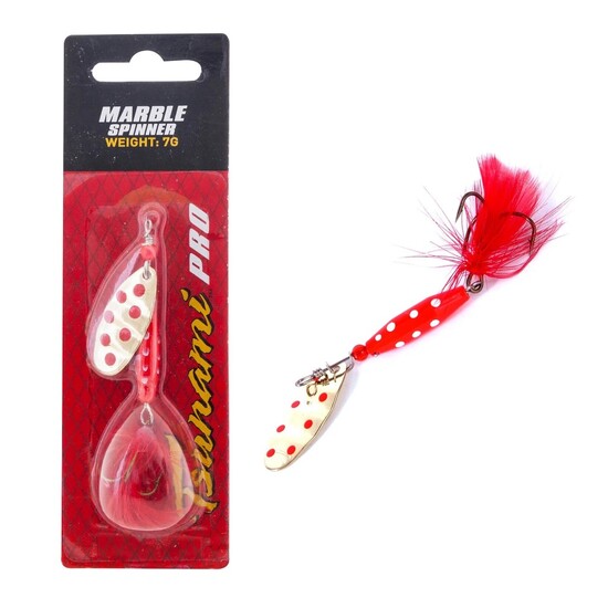 7gm Red & White Dot, Gold/Red Tsunami Marble Spinner Lure with Red Feather