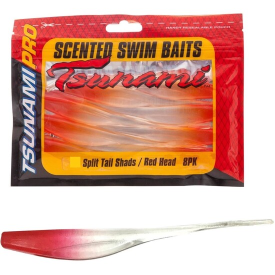 8 Pack of Tsunami 4 Inch Split Tail Shads Scented Soft Plastic Lures - Red Head