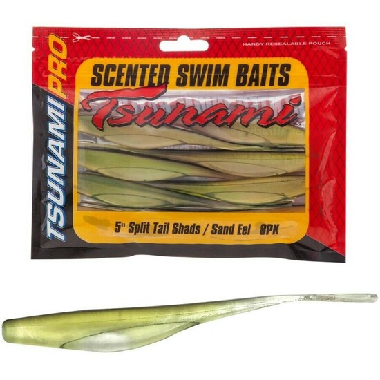 8 Pack of Tsunami 5 Inch Split Tail Shads Scented Soft Plastic Lures - Sand Eel