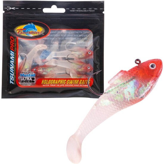 6 Pack of Tsunami Pro Rigged 3" Holographic Soft Plastic Swim Shads - Red Head