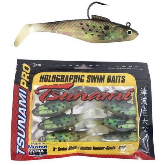 6 Pack of Tsunami Pro Rigged 3" Holographic Soft Plastic Swim Shads-Golden Bunker