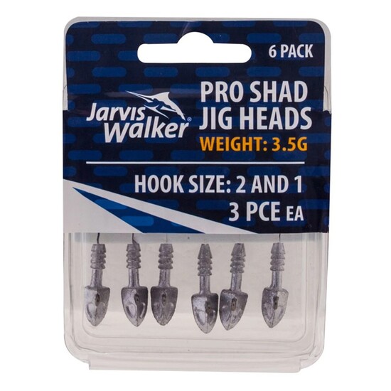 6 Pack of 3.5gm Jarvis Walker Pro Shad Jig Heads with Size 1 and 2 Hooks