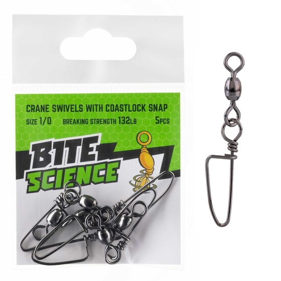 5 Pack of Size 1/0 Bite Science Black Crane Swivels with Coastlock Snaps - 132lb