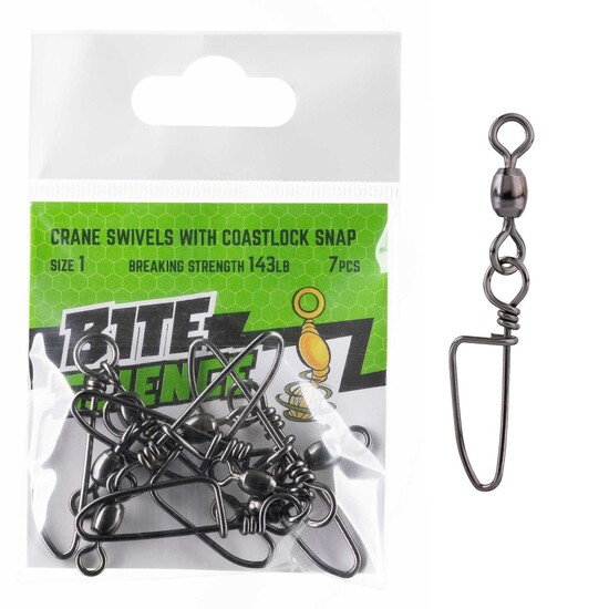 7 Pack of Size 1 Bite Science Black Crane Swivels with Coastlock Snaps - 143lb