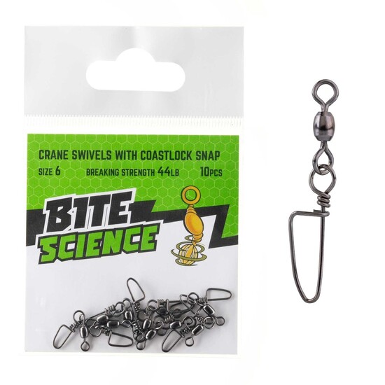 10 Pack of Size 6 Bite Science Black Crane Swivels with Coastlock Snaps - 44lb