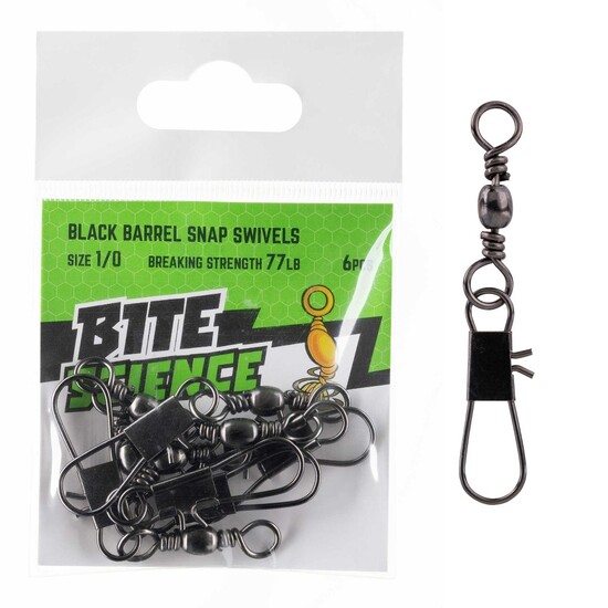 6 Pack of Size 1/0 Bite Science Black Barrel Fishing Swivels with Snaps - 77lb