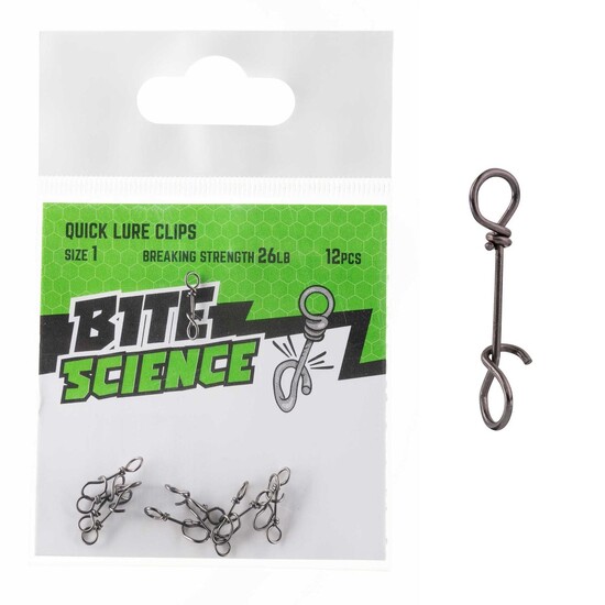 12 Pack of Size 1 Bite Science Quick Lure Clips - 26lb