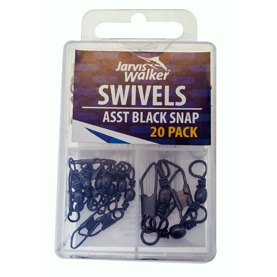 20 Pack of Jarvis Walker Assorted Black Barrel Fishing Swivels with Snaps