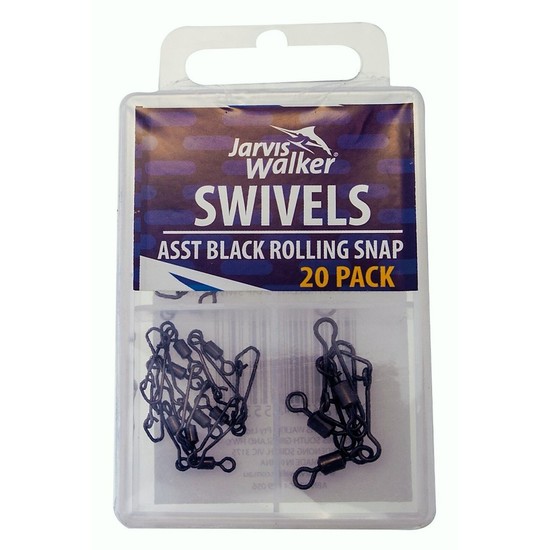 20 Pack of Jarvis Walker Assorted Black Rolling Fishing Swivels with Snaps
