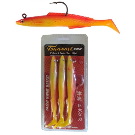 3 Pack of 6 Inch Rigged Tsunami Tazer Swim Bait Soft Plastics - Cheese & Tomato