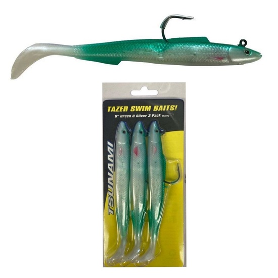 3 Pack of 6" Rigged Tsunami Tazer Swim Bait Soft Plastic Lures -Green and Silver