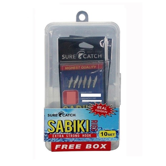 10 Pack of Surecatch Sabiki Jigs in Tackle Box - 10 x Real Fish Skin Bait Jigs