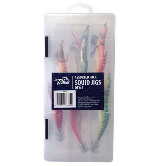 Jarvis Walker Assorted Squid Jig Pack - 6 Squid Jig Lures In Fishing Tackle Box