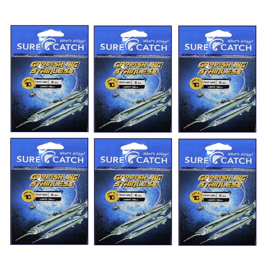6 Pack of Surecatch Pre-Tied 180cm Garfish Rig - Size 10 Stainless Steel Hooks