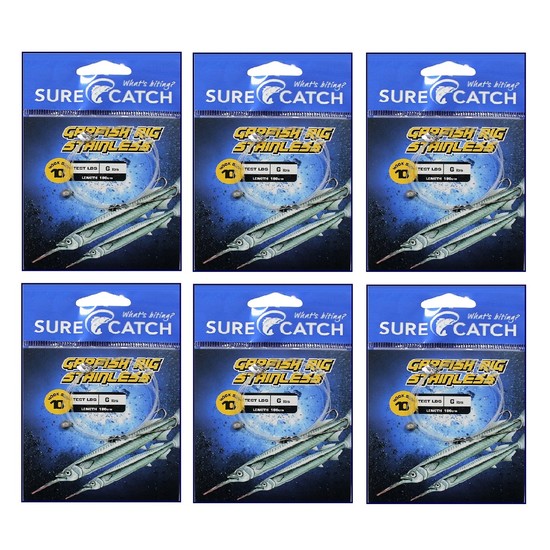 6 Pack of Surecatch Pre-Tied 180cm Garfish Rig - Size 10 Stainless Steel Hooks