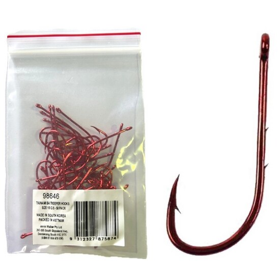 50 Pack of Tsunami Size 1/0 Chemically Sharpened Red Baitkeeper Hooks