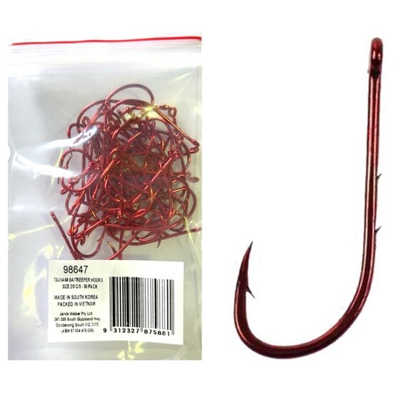 50 Pack of Tsunami Size 2/0 Chemically Sharpened Red Baitkeeper Hooks