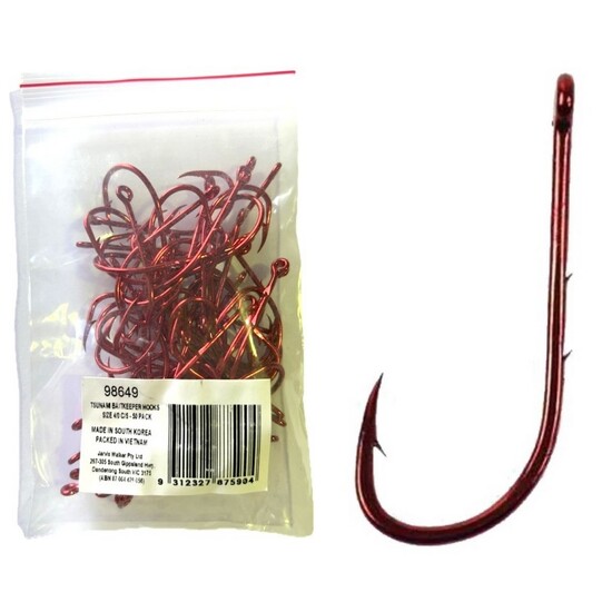 50 Pack of Tsunami Size 4/0 Chemically Sharpened Red Baitkeeper Hooks