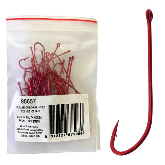 50 Pack of Tsunami Size 6 Red Long Shank Hooks - Chemically Sharpened Worm Hooks