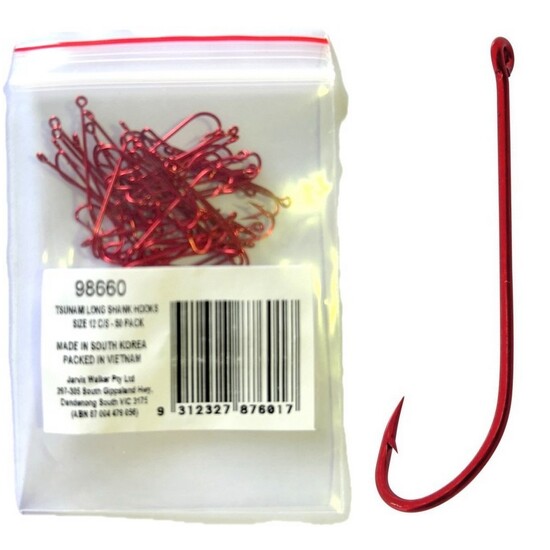 50 Pack of Tsunami Size 12 Red Long Shank Hooks -Chemically Sharpened Worm Hooks