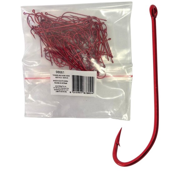 100 Pack of Tsunami Size 1/0 Red Long Shank Hooks-Chemically Sharpened Hooks