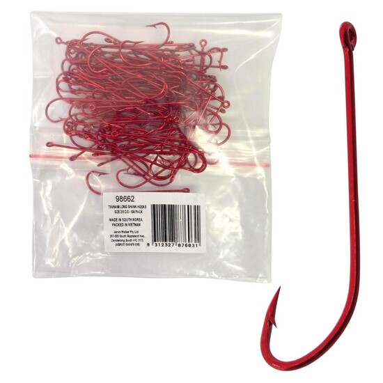 100 Pack of Tsunami Size 2/0 Red Long Shank Hooks-Chemically Sharpened Hooks