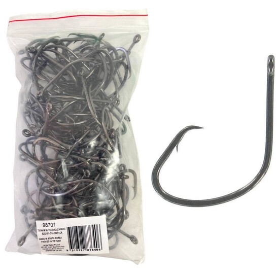 100 Pack of Tsunami Size 10/0 Black Nickel Mutsu Circle Hooks - Chemically Sharp