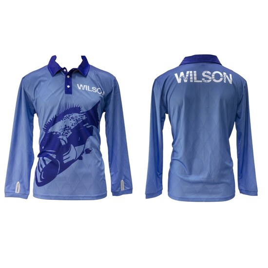 Small Wilson Blue Kingfish Tournament Long Sleeve Fishing Shirt with Collar