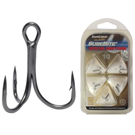 5 Pack of Size 10 Surecatch Black Nickel Chemically Sharpened Treble Hooks