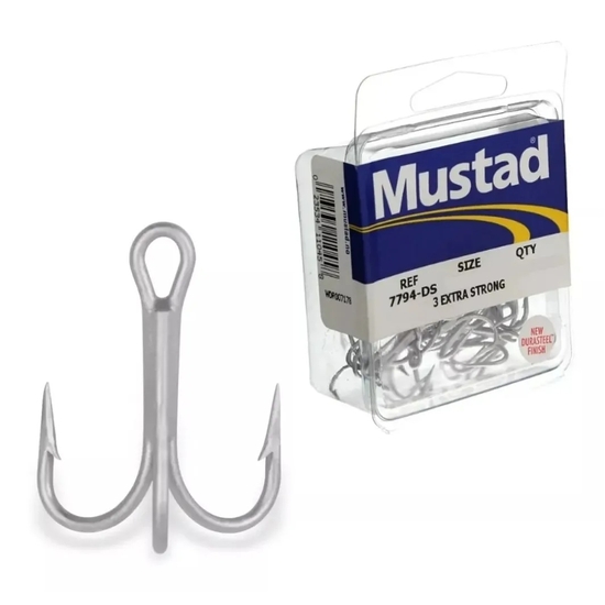 25 Pack of Size 3/0 Mustad 7794DS 3X Extra Strong Duratin Treble Hooks