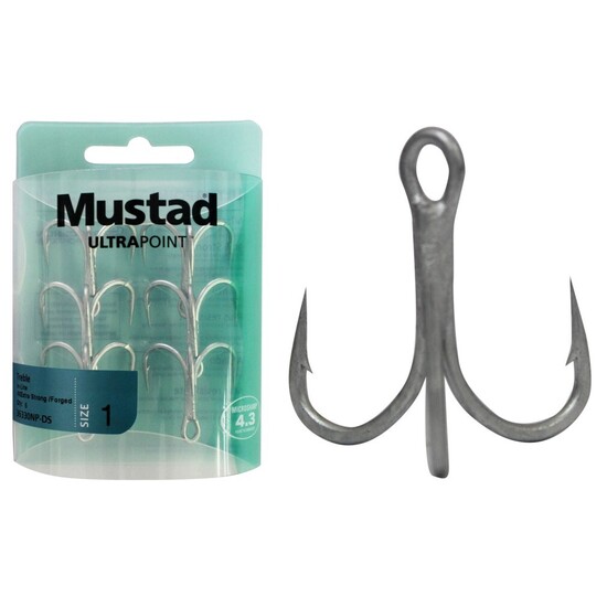 6 Pack of Size 1 Mustad 36330NPDS 4X Strong Saltism Treble Hooks