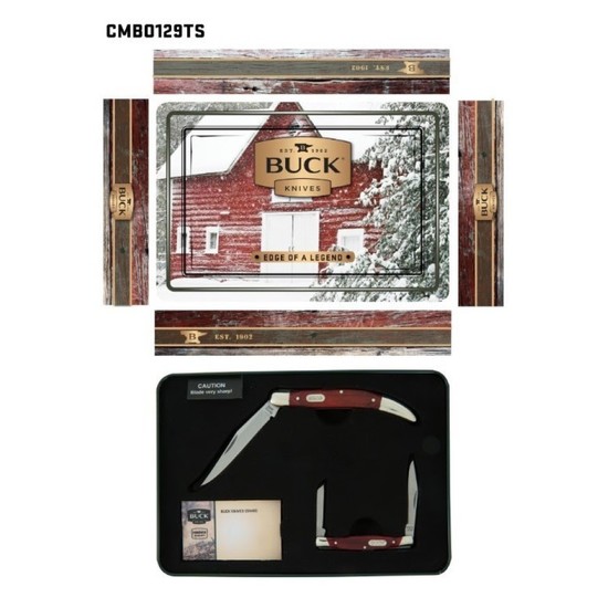 Buck Knives Pocket Knife Set-2 x Pocket Knives-Red Pakawood Handles in Gift Tin 