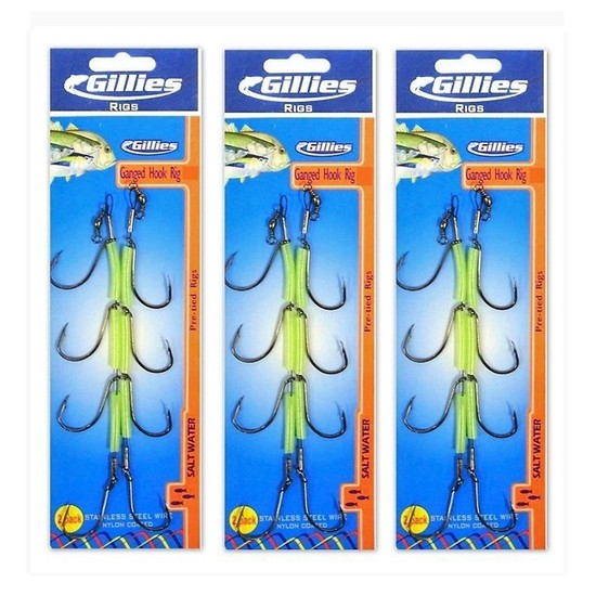 3 Packs of Gillies Ganged Fishing Hook Rigs - Rigged with Nylon Coated Wire
