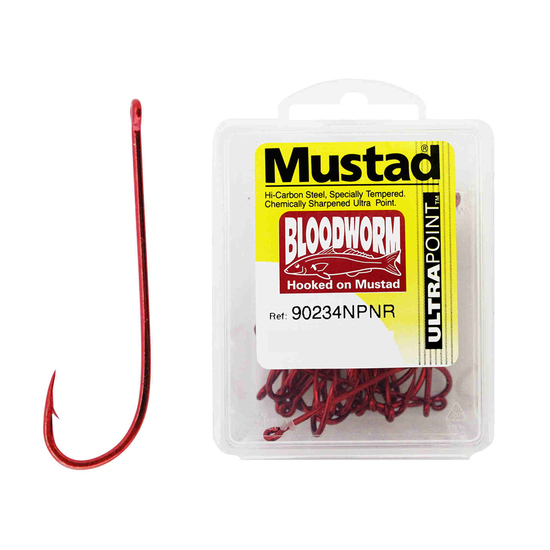 1 Box of Mustad 90234NPNR Bloodworm Chemically Sharpened Fishing Hooks