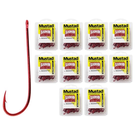 10 Boxes of Mustad 90234NPNR Bloodworm Chemically Sharpened Fishing Hooks