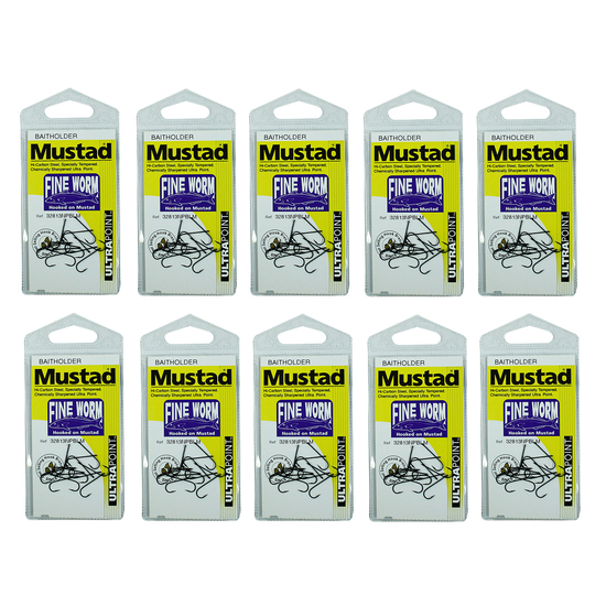10 Packs of Mustad 32813NPBLM Fine Worm Chemically Sharp Fishing Hooks